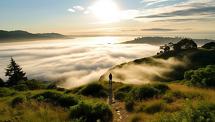 A view from atop a hill overlooking a sea of fog.