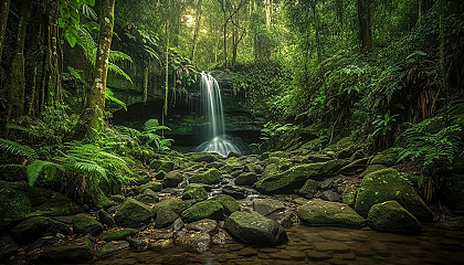 Serene waterfalls hidden within lush, green jungles.