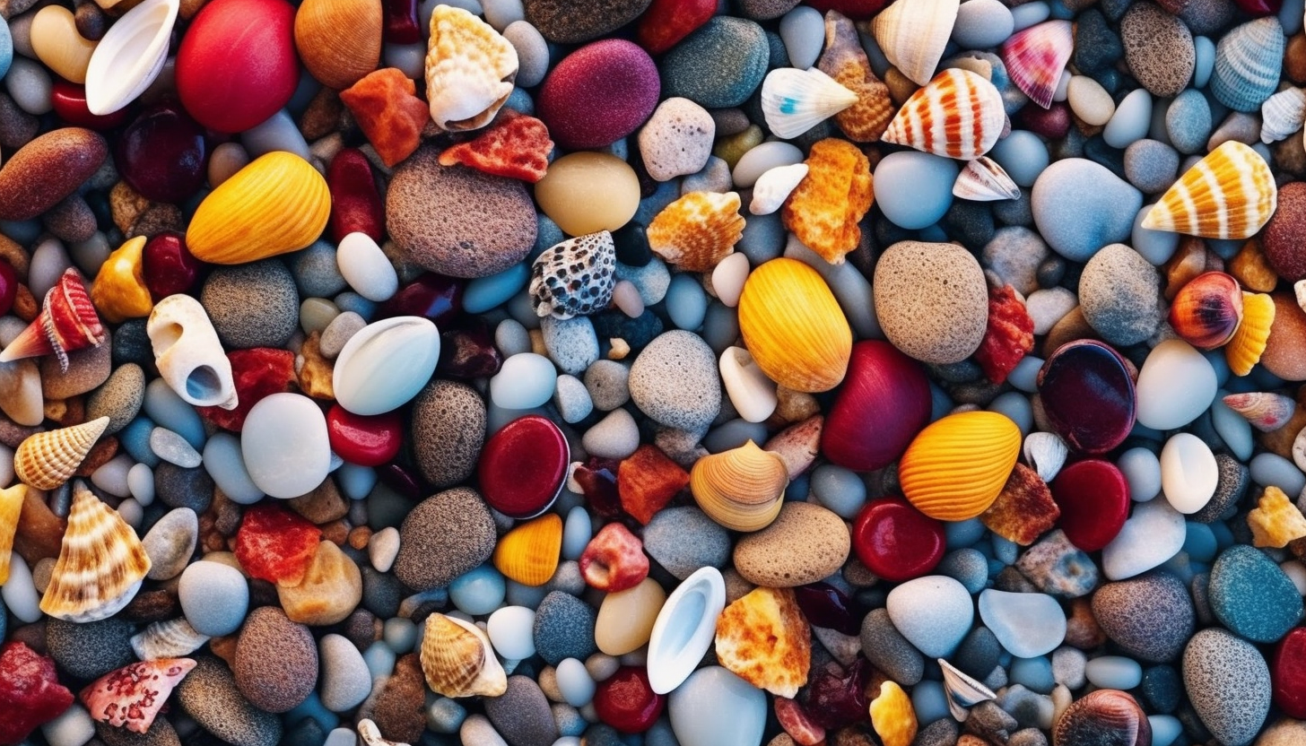 Brightly colored pebbles and seashells lining a sandy beach.