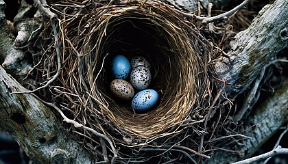 A nest with bird eggs hidden in the crook of a tree.