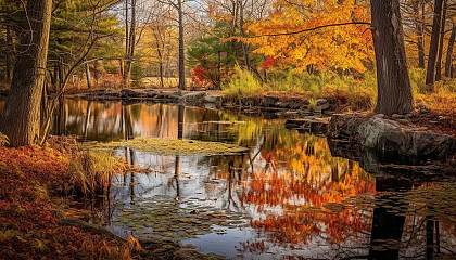 A serene pond, reflecting the vibrant autumn foliage.