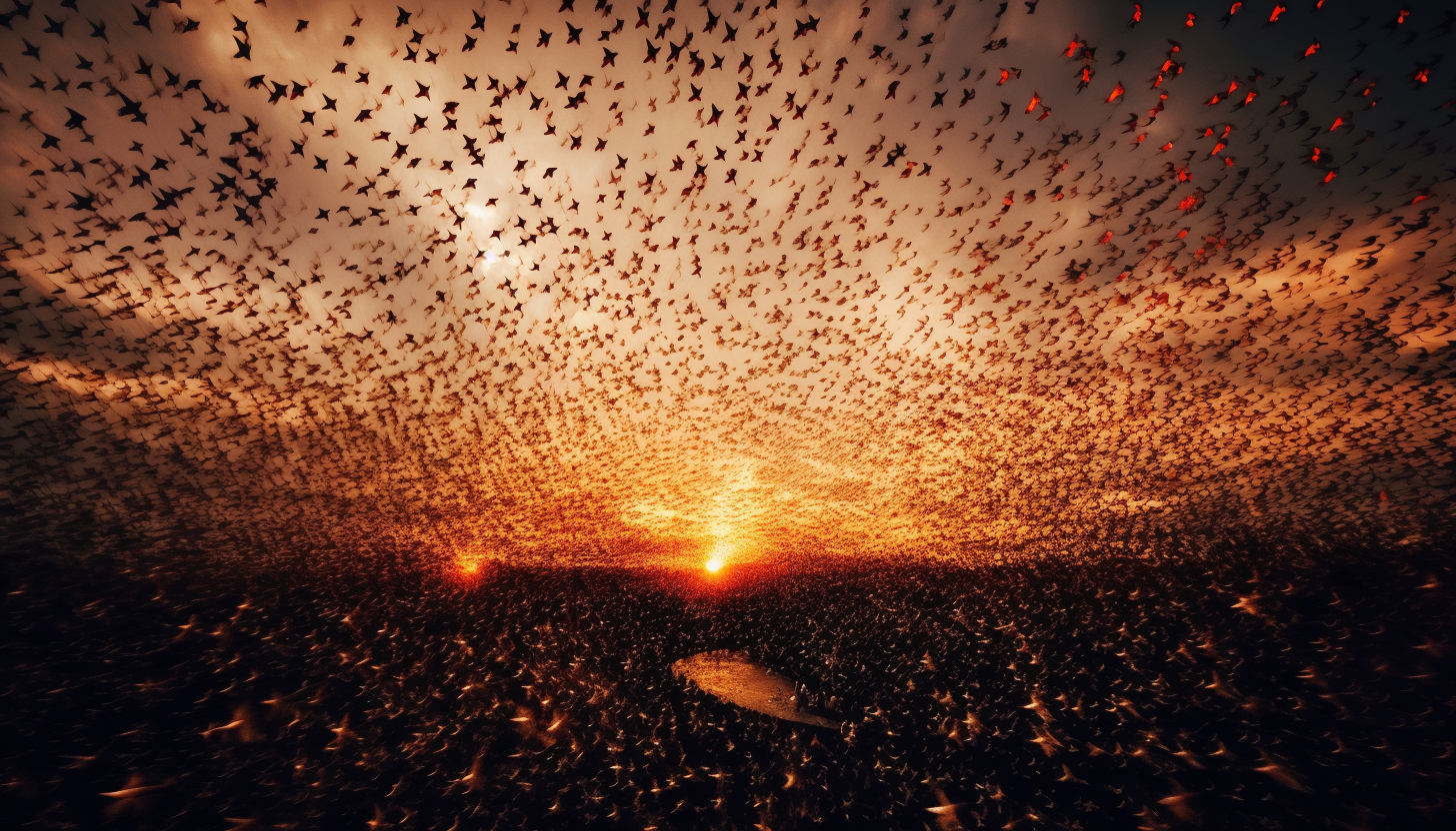 A mesmerizing, spiraling formation of a murmuration of starlings.