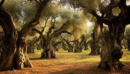 A grove of ancient, gnarled olive trees.
