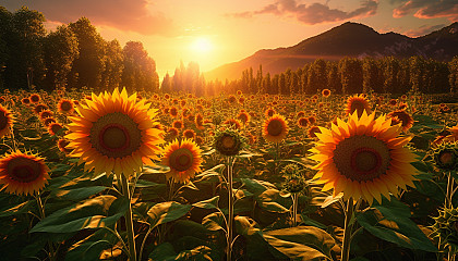 A field of sunflowers turning to face the morning sun.