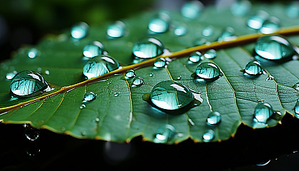 Close-up of dew drops refracting light on a leaf.