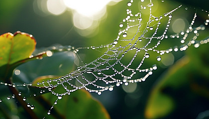 Dew drops glistening on a cobweb in the morning light.