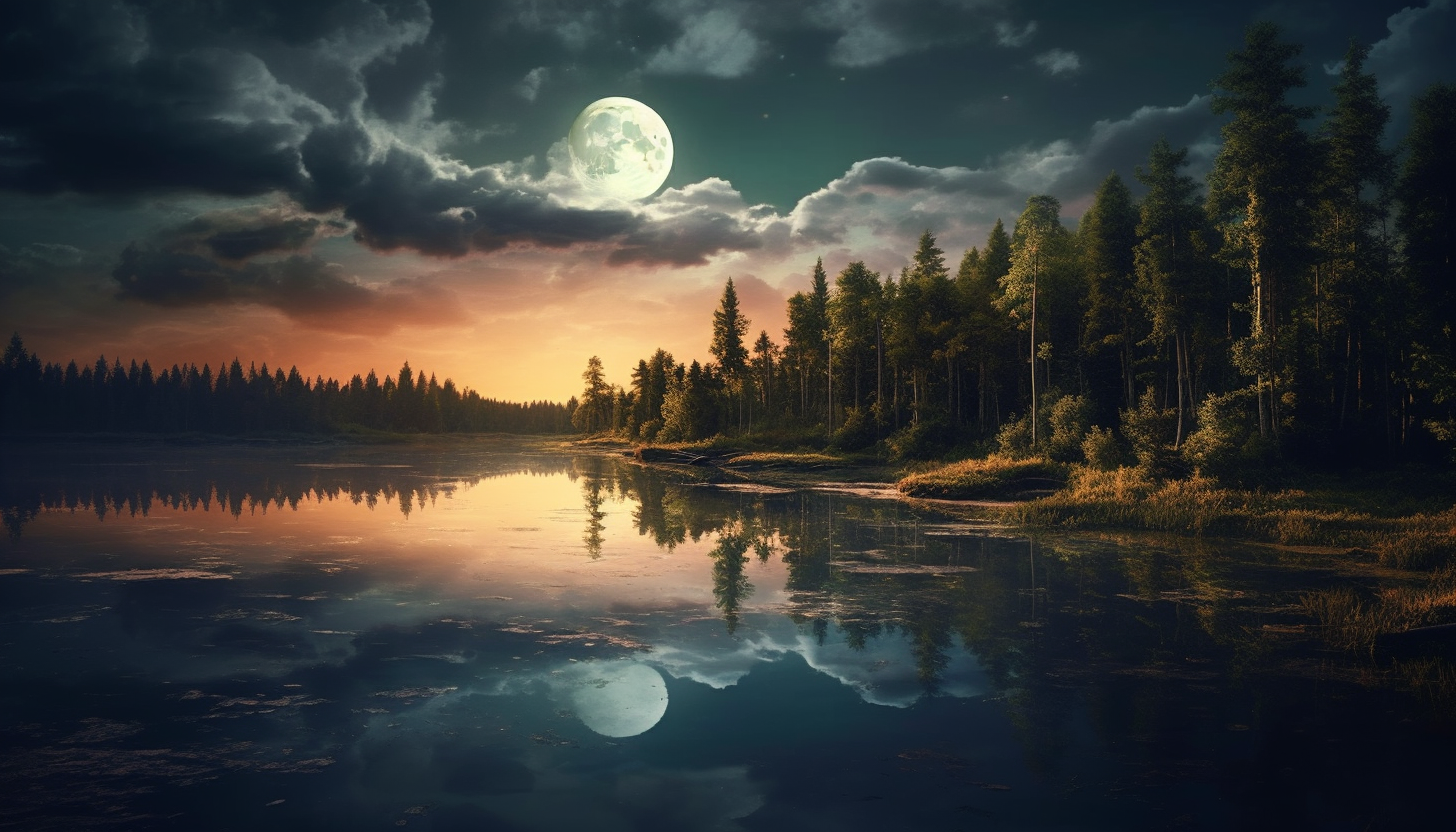 A full moon casting its glow over a serene lake.