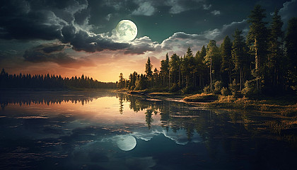 A full moon casting its glow over a serene lake.