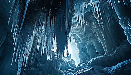 Icy stalactites hanging from the roof of a cave.