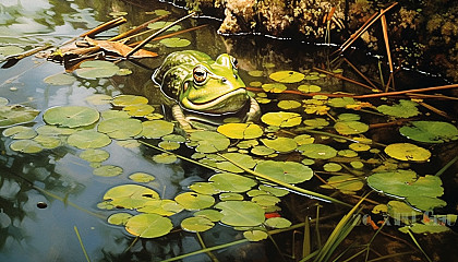 The still surface of a pond, broken only by the leap of a single frog.