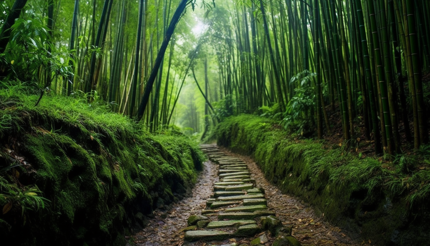 A narrow trail winding through a dense bamboo forest.