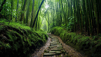 A narrow trail winding through a dense bamboo forest.