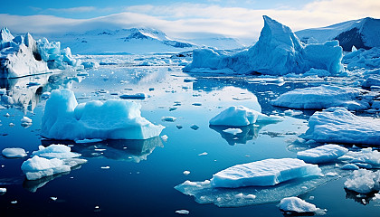 Glaciers calving into a vibrant blue sea.