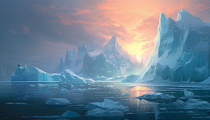 A glacier calving into a frigid sea.