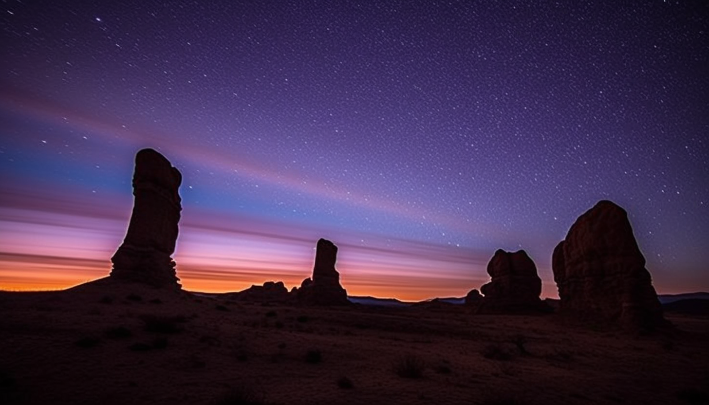 Unusual rock formations silhouetted against a twilight sky.