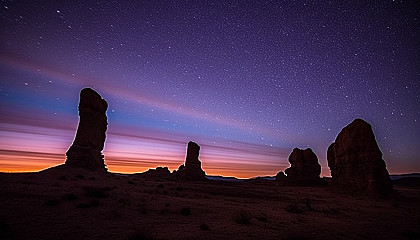 Unusual rock formations silhouetted against a twilight sky.