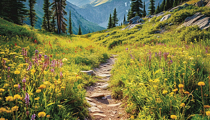 A mountain path winding through a carpet of wildflowers.