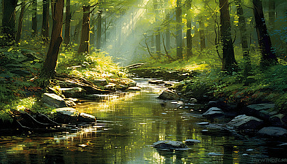 A tranquil brook babbling through a sun-dappled forest.