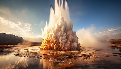 Spectacular display of geyser eruption in a volcanic field.