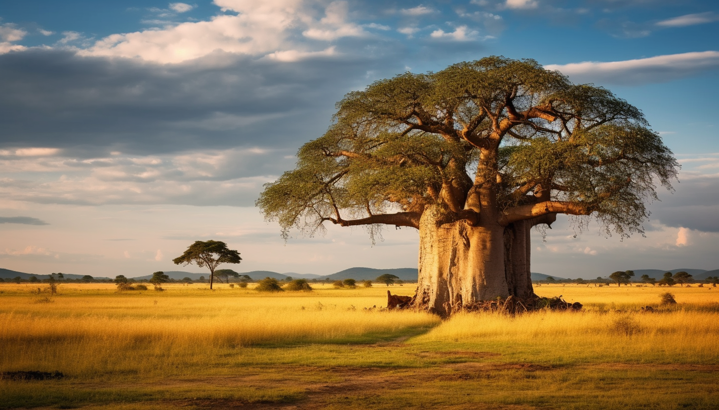 An ancient baobab tree standing tall in a savannah landscape.