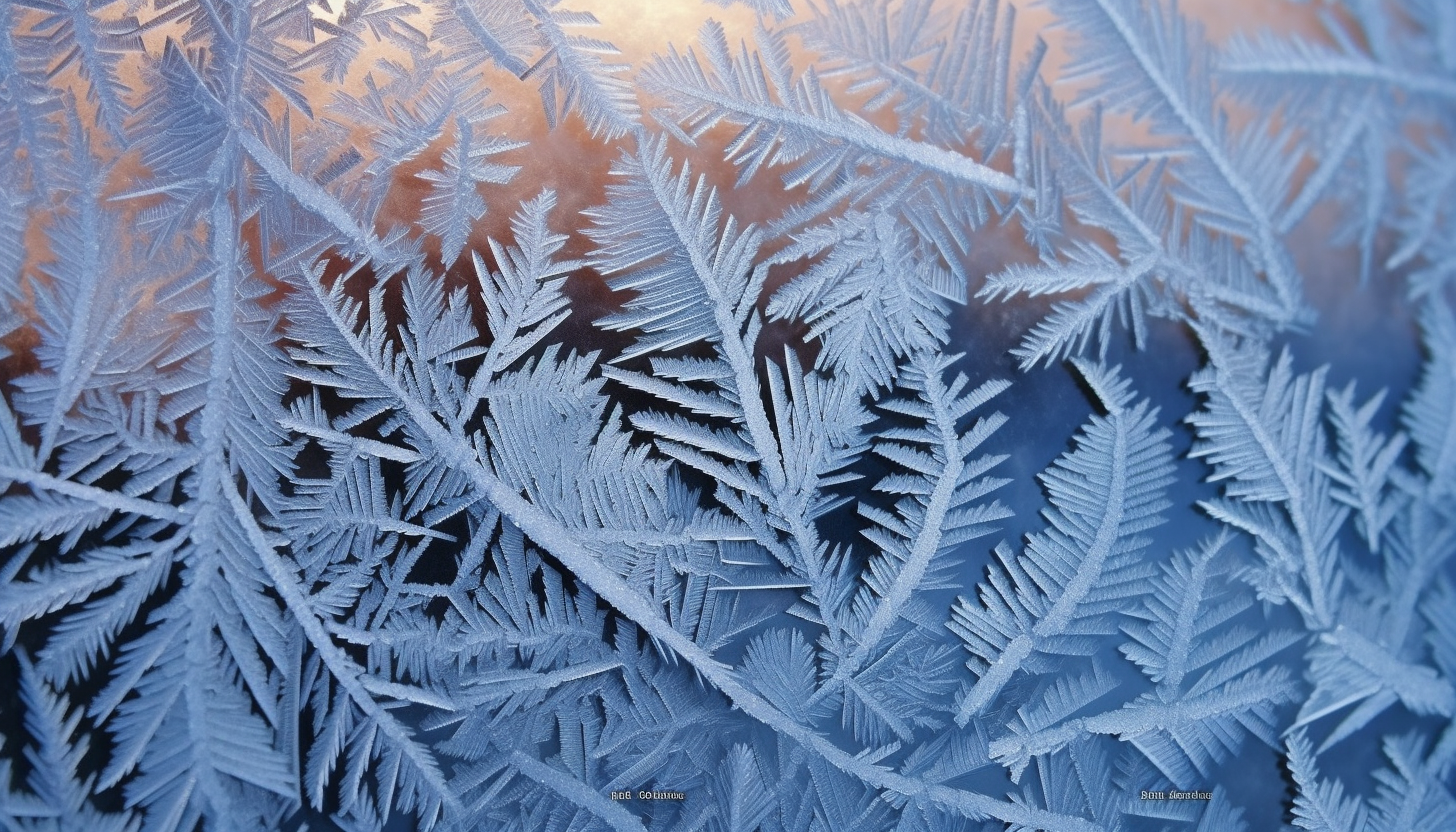 A delicate frost pattern on a windowpane in the winter.