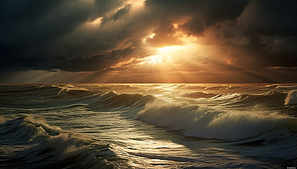 Sunbeam breaking through stormy clouds over the ocean.