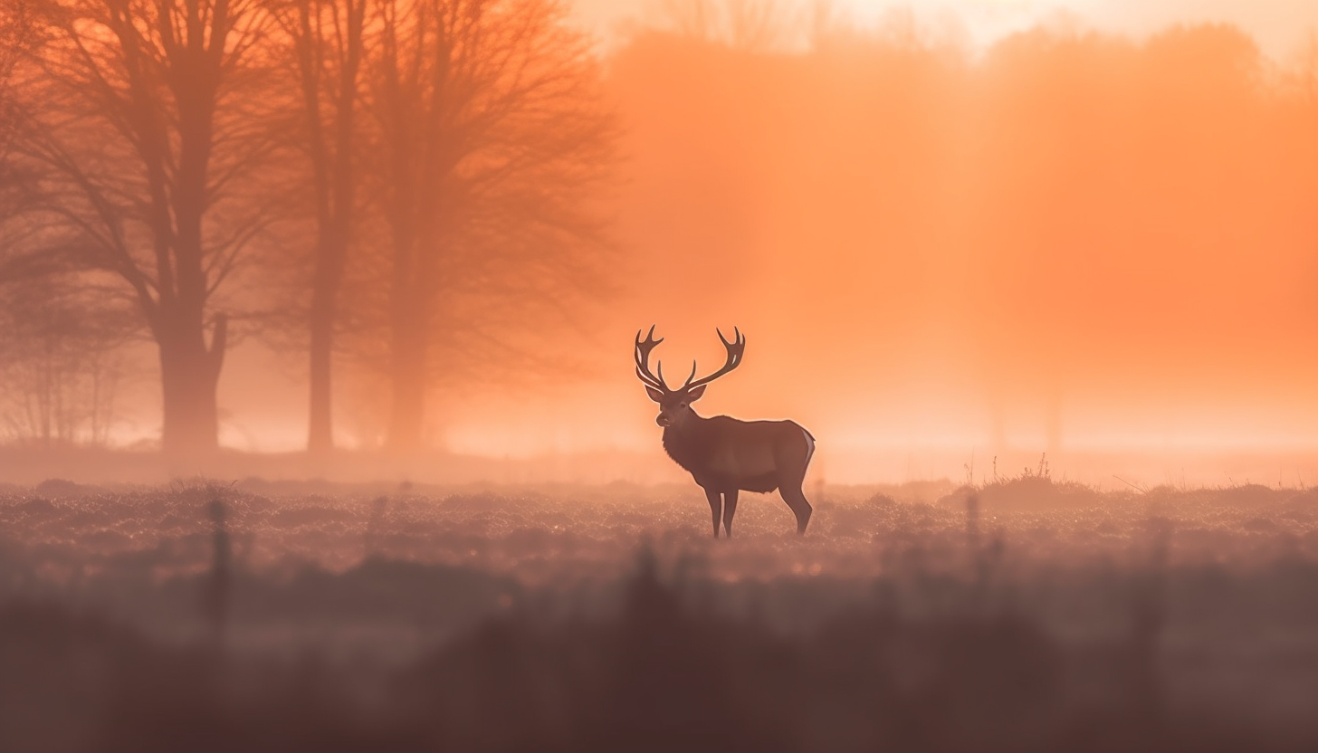 The silhouette of a deer in a misty meadow at dawn.