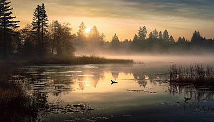 Mist rising off a serene lake at dawn.