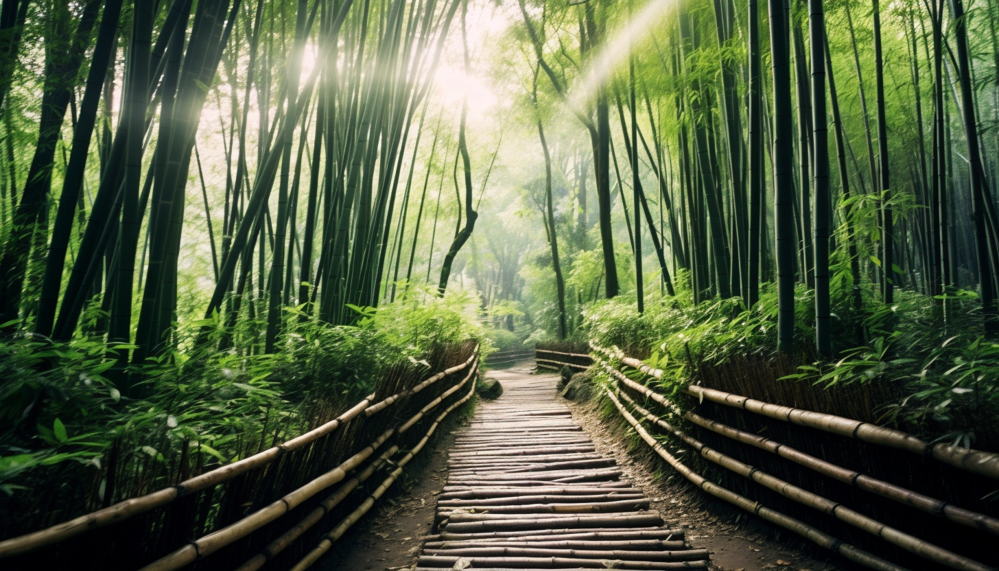 A path winding through a dense bamboo forest.
