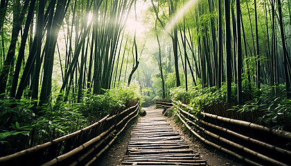 A path winding through a dense bamboo forest.