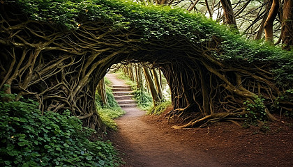 A path leading into a tunnel made from intertwining trees.