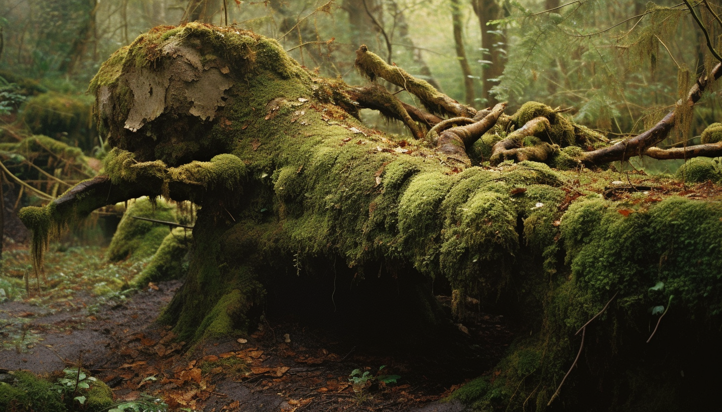 A fallen tree trunk overgrown with fungi and moss.