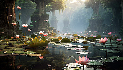 A tranquil lotus pond filled with blossoming flowers.