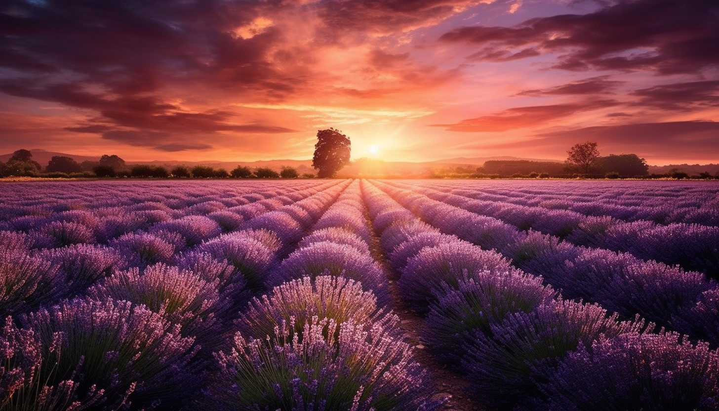 The sun setting behind a field of lavender in bloom.