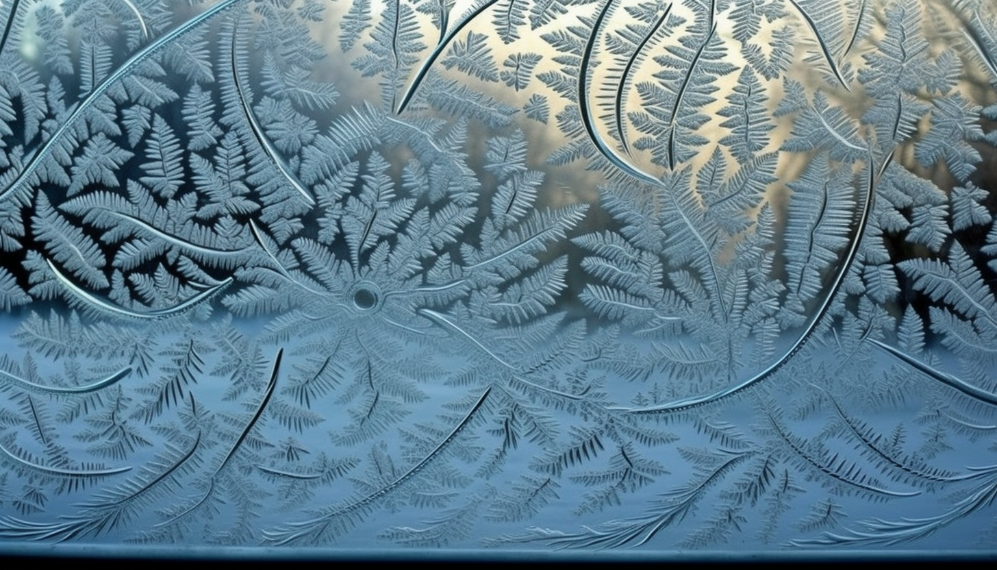 Frost patterns creating intricate designs on a windowpane.