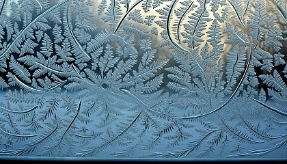 Frost patterns creating intricate designs on a windowpane.