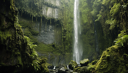 A waterfall cascading down a mossy rock face.