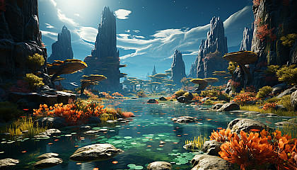 The surface of an alien planet, filled with otherworldly rock formations and unusual flora.