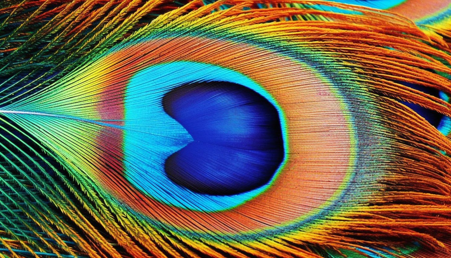 Swirls of colors in a peacock feather close-up.