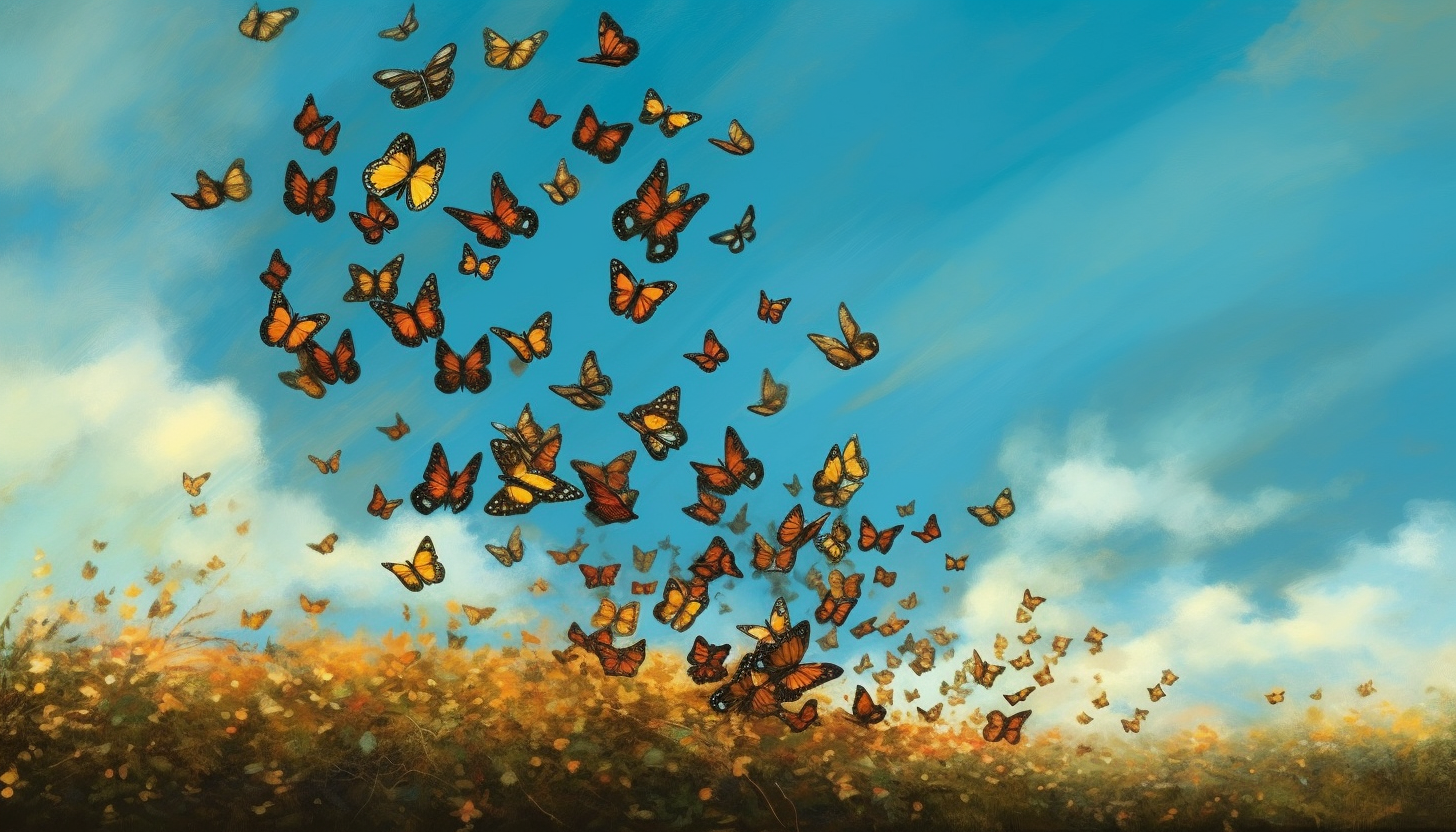 The migration of butterflies across a clear blue sky.