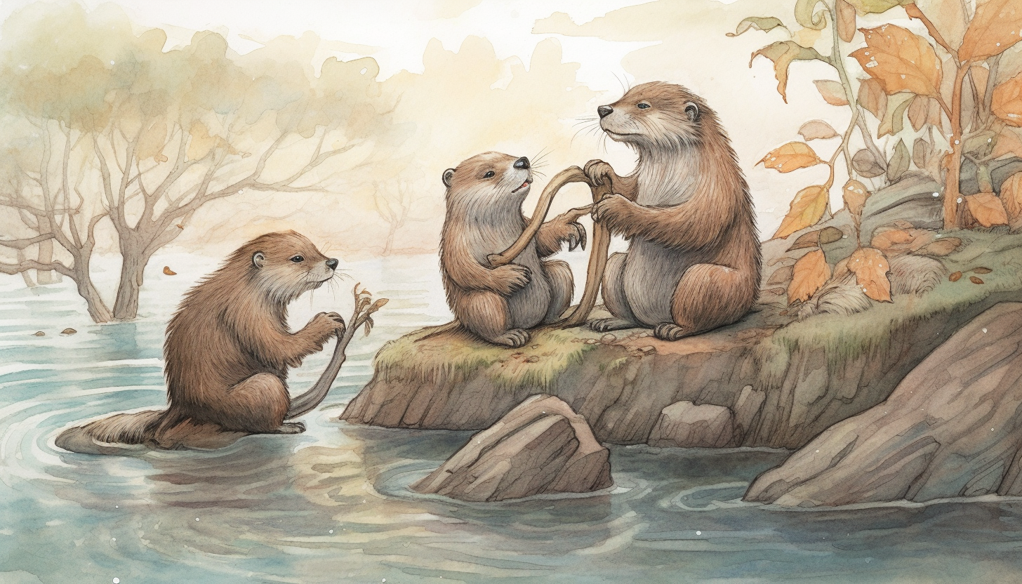 A family of otters playing along a river bank.