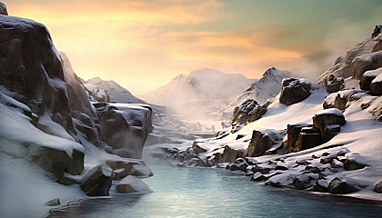 Mist rising from a hot spring nestled among snow-covered rocks.