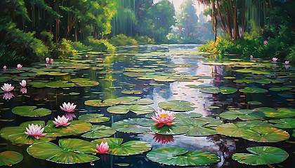 A secluded pond covered in vibrant water lilies.