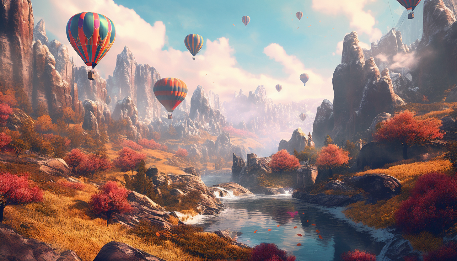 Hot air balloons floating over a picturesque valley.