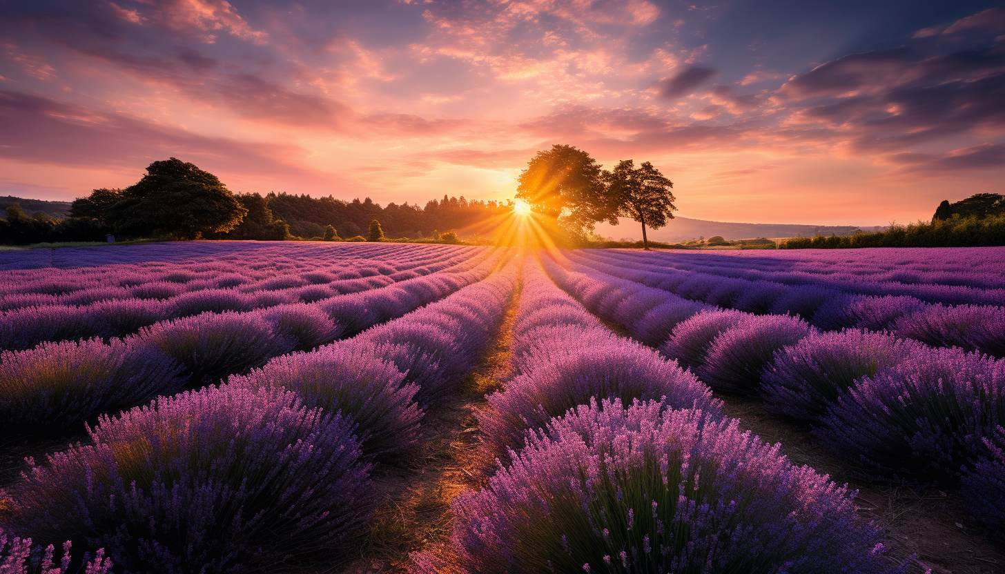 The sun setting behind a field of lavender in bloom.