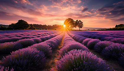 The sun setting behind a field of lavender in bloom.