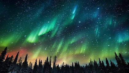 Northern Lights dancing across a clear, star-studded sky.