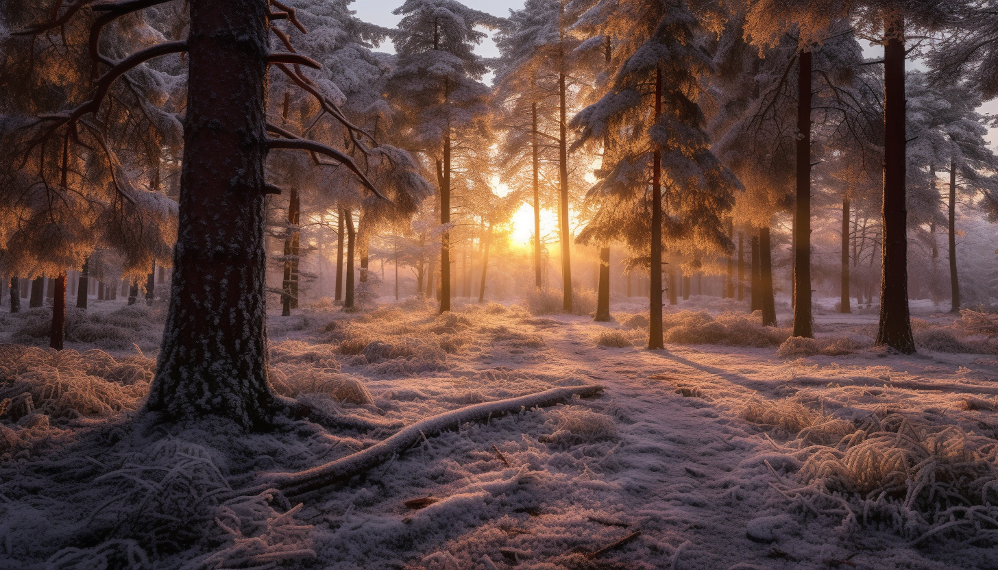A frosty morning in a silent pine forest.