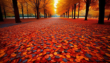 Brilliantly colored leaves carpeting the ground in autumn.