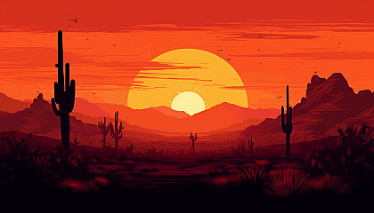 Silhouettes of cacti against a fiery desert sunset.